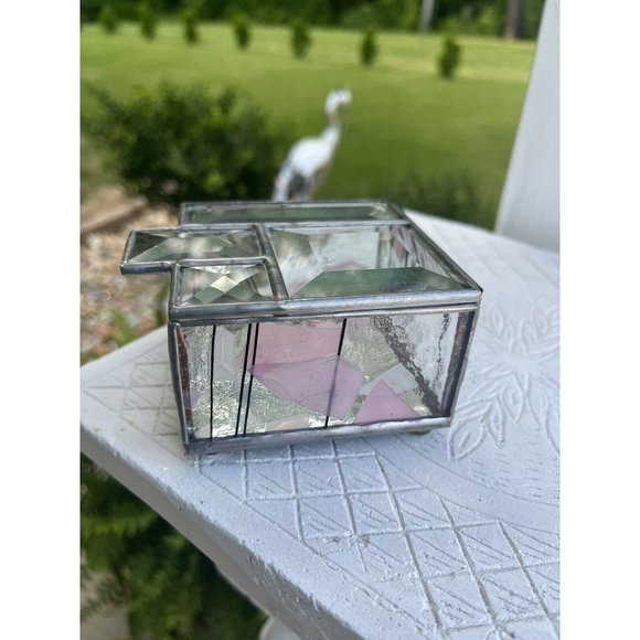 1980s STAINED GLASS MIRROR JEWELRY TRINKET Beveled CUBIST ABSTRACT HINGED BOX - Picture 9 of 12